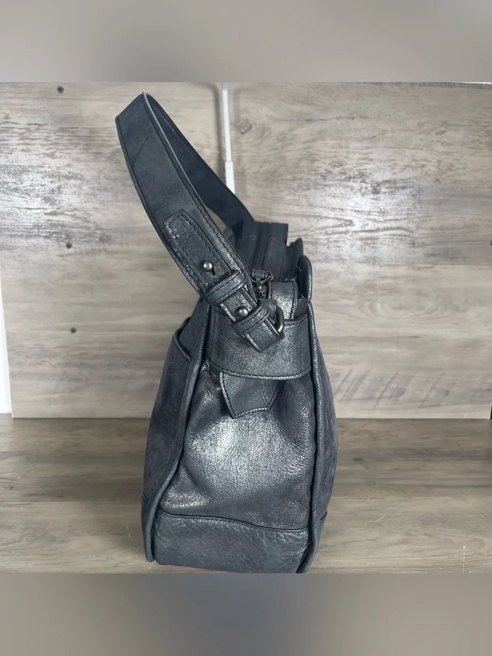 Frye Mel Metallic Leather Charcoal Gray Black Boho Bag Shoulder Purse Chic